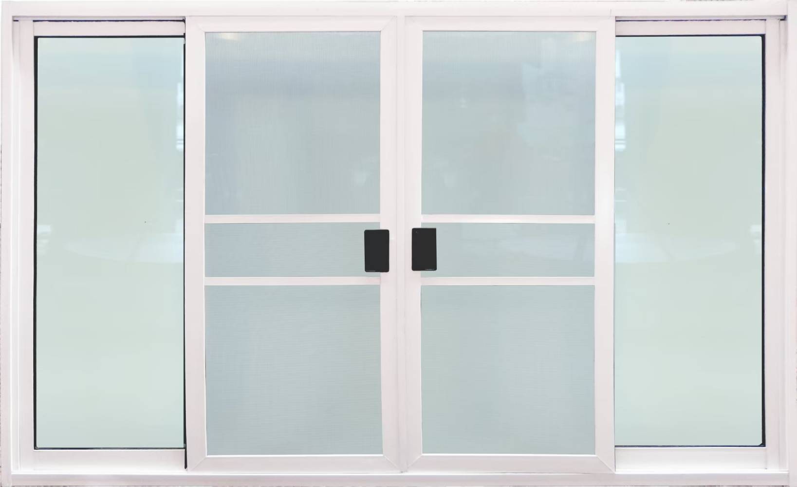 หน้าต่างบานเลื่อน 4ช่อง อลูมิเนียมสีอบขาว+กระจกใสเขียว+มุ้ง 182ซม.*105ซม.
